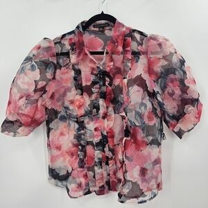 Haute Monde Sheer Floral Ruffle Blouse Pink Black Puff Sleeve Top L